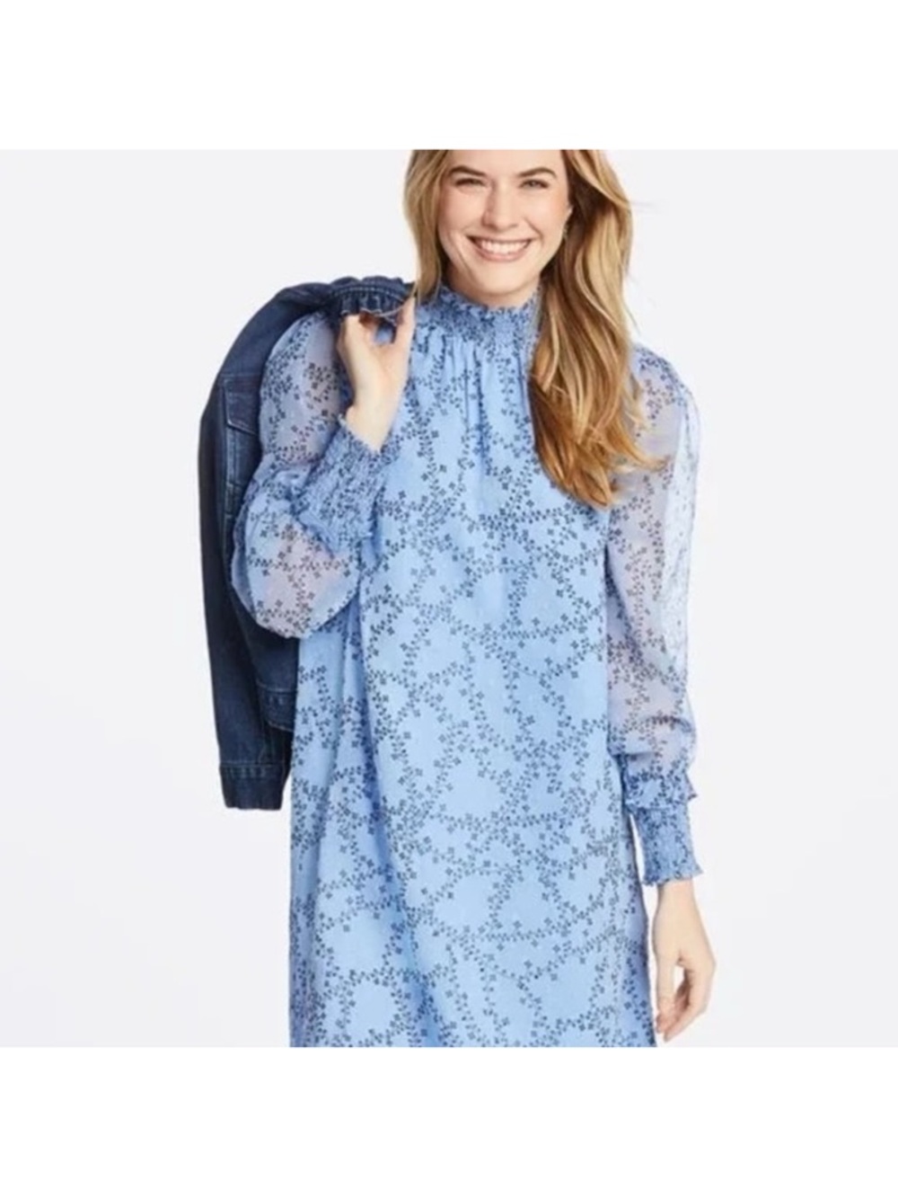 Draper James Sm. Swiss Dot Light Blue Floral Smocked High-Neck Long-Sleeve Dress
